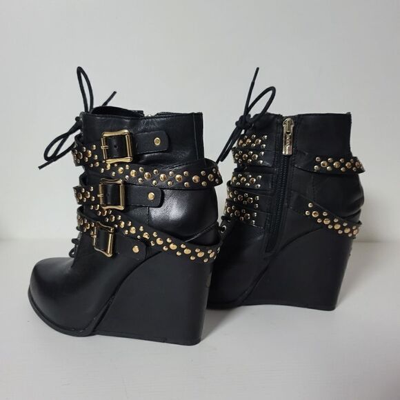 BCBGeneration Larissa Studded Strappy Wedge Lace Up Ankle Boots, Black size 7 - Picture 3 of 13